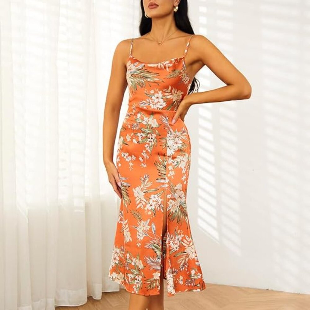 Women's Cowl Neck Spaghetti Strap Slit Satin Wedding Guest Party Dress Backless - Picture 8 of 9